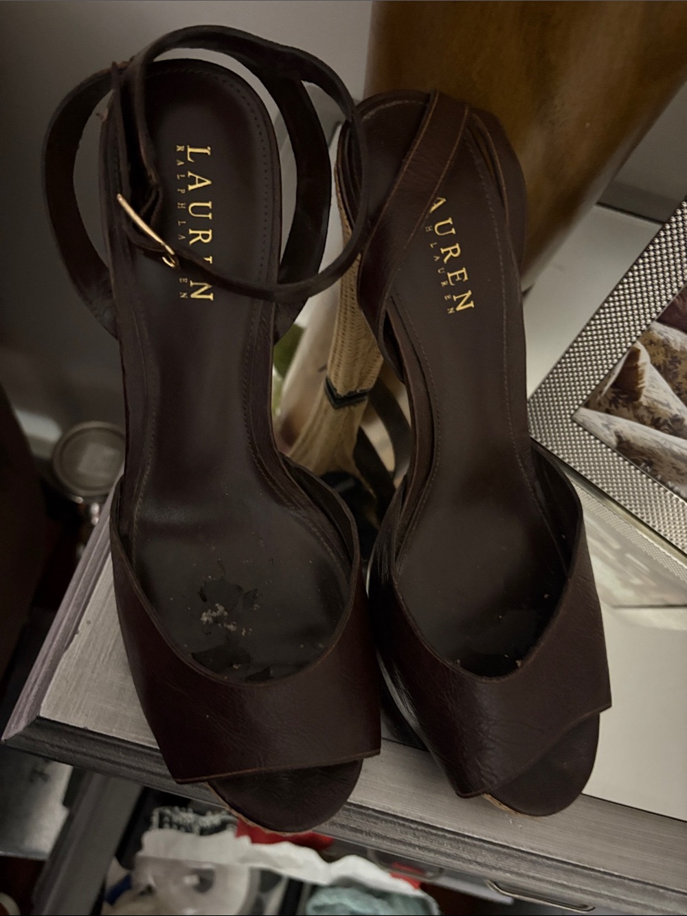 Lauren Ralph Lauren Dark Brown Leather Peep-Toe Ankle Strap Heels